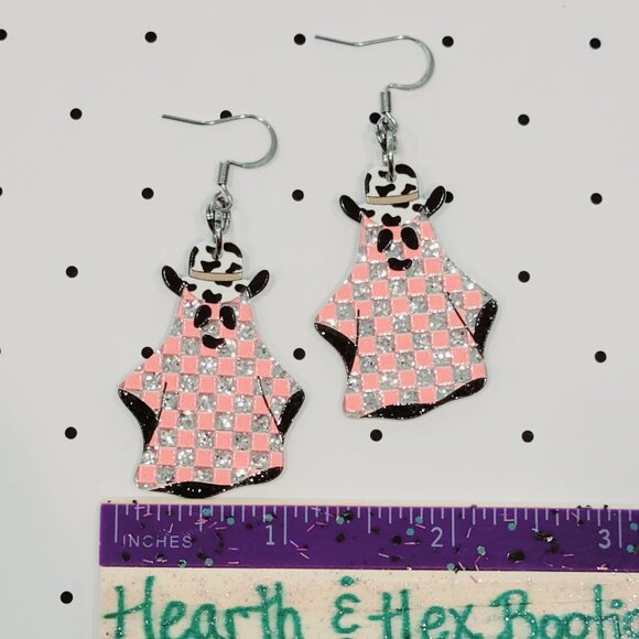 Pink Checkered Cowboy Ghost Earrings Stainless Steel Hooks Western Halloween NEW - Picture 4 of 7
